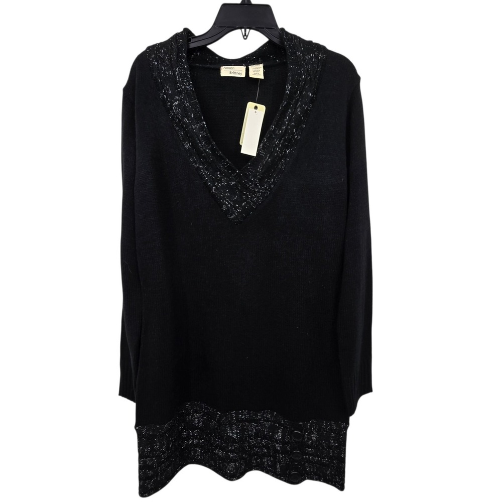 Vintage NEW Allison Brittney Tunic Sweater Womens XL Black Metallic Trim Long